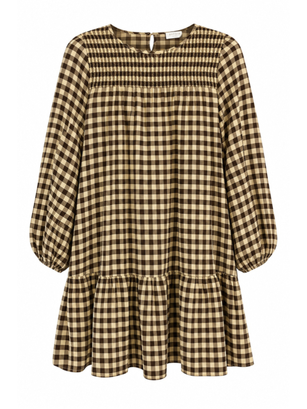 HAYDEN Gingham Smocked PLAID Ruffle Tiered FALL MINI DRESS Brown Tan WOMENS M